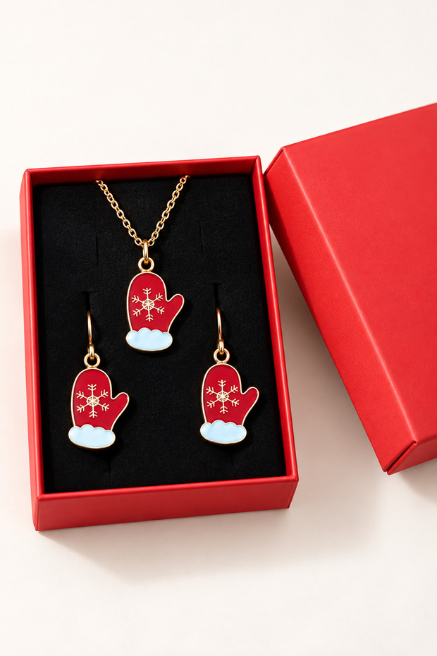 Women's Icicle Themed Glove Figured Necklace and Earring Jewelry Set Gold Color with Snowflake Detail