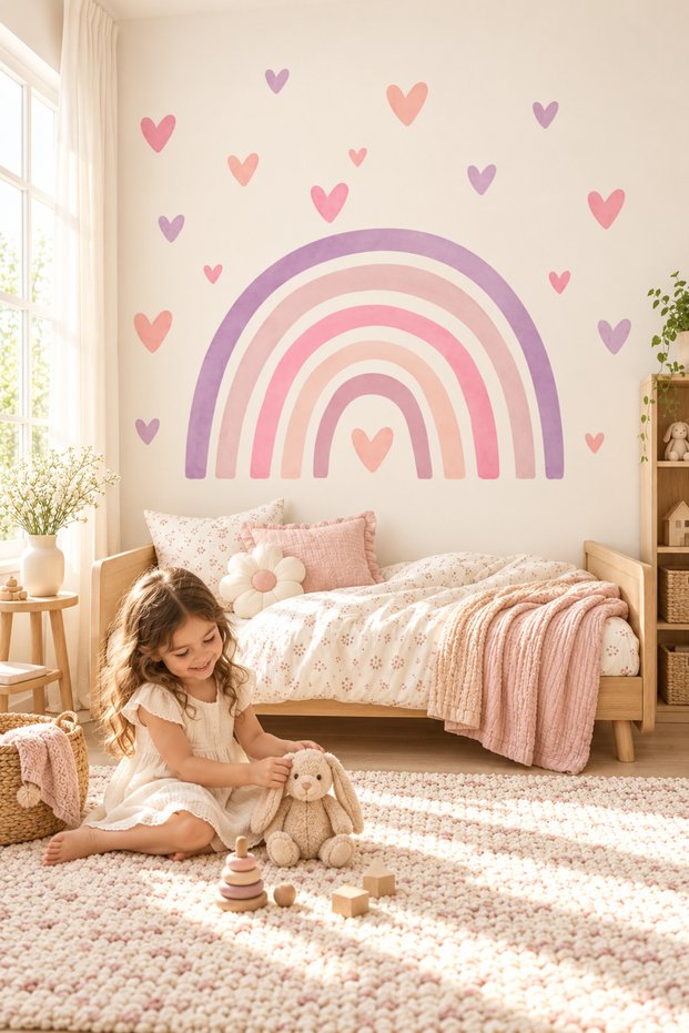 Pink Purple Pastel Rainbow and Hearts Kids Room Wall Sticker Set