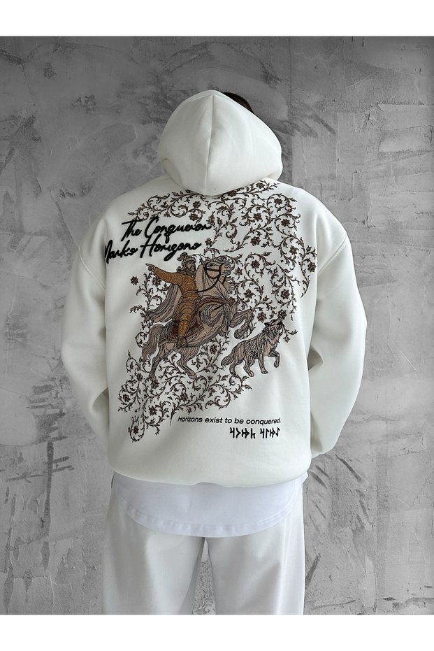 White Hooded Oversize Premium Conqueror Embroidered Sweatshirt