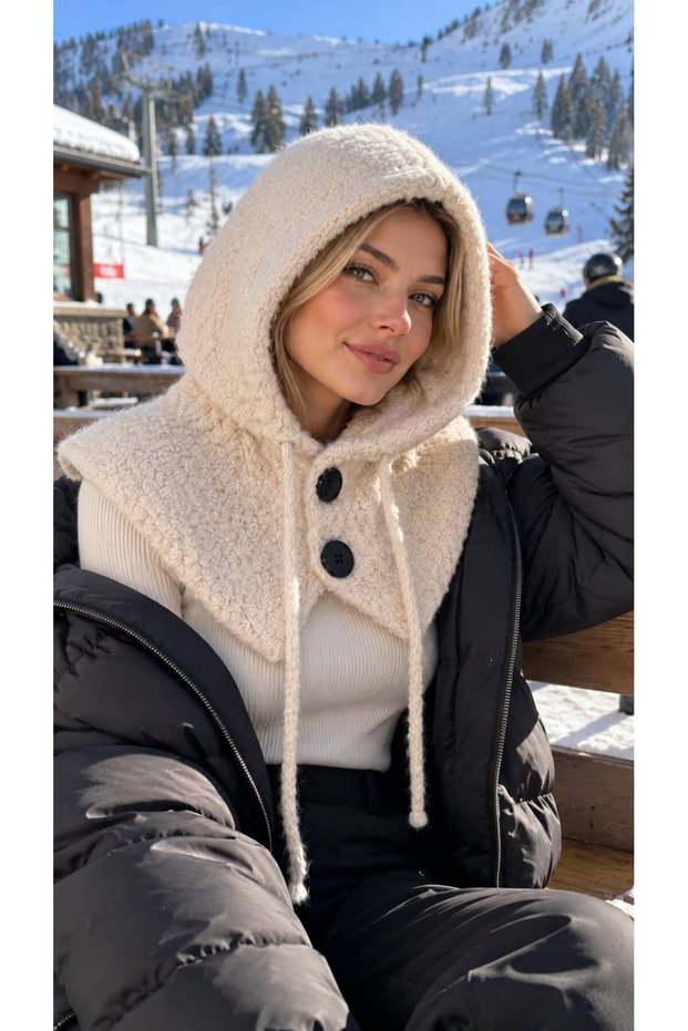 Beige Soft Textured Wool Knitwear Buttoned Women's Balaclava Neck Collar