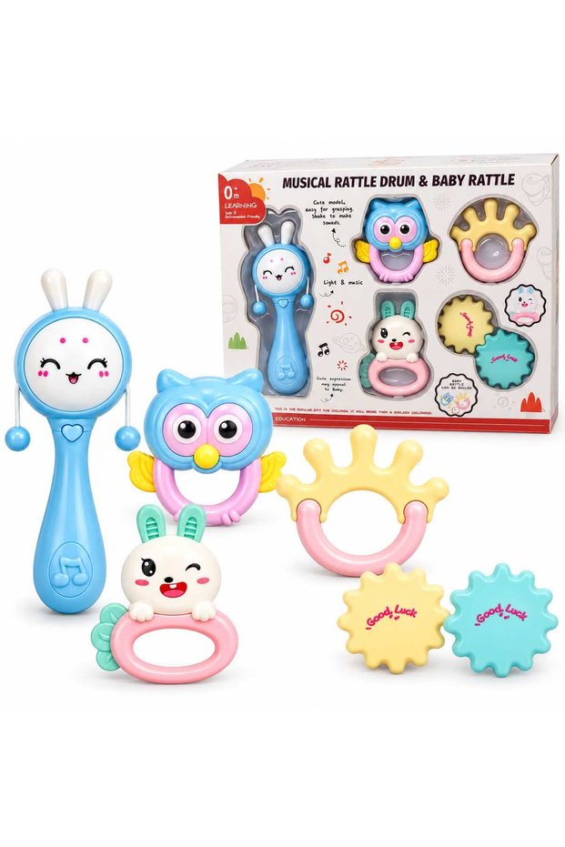 Baby Musical Rattle Drum and Handheld Rattle Toy Set, 5 PCS Cute Animal Shaker Rattles with Light and Music, Owl and Bunny Rattle Toys for Babies, Infants and Toddlers, 0+ Months