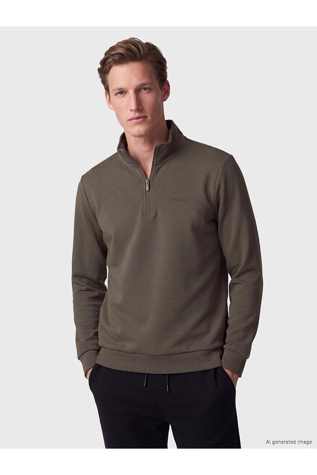Özmarka New Season Khaki Stand Collar Men's Sweatshirt