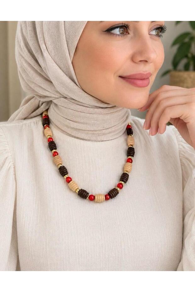 Bohem (C-D) Large Wooden Pasta + Round Beads Gold Bead Style Necklace Red
