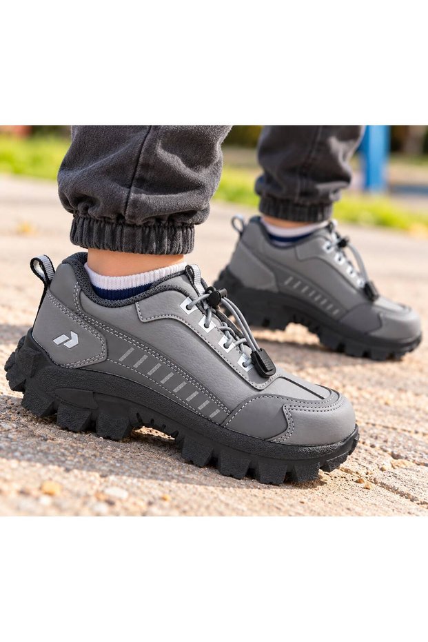 Children's Gray Outdoor Elastic Boots with Practical Lacing System and Thick Soles