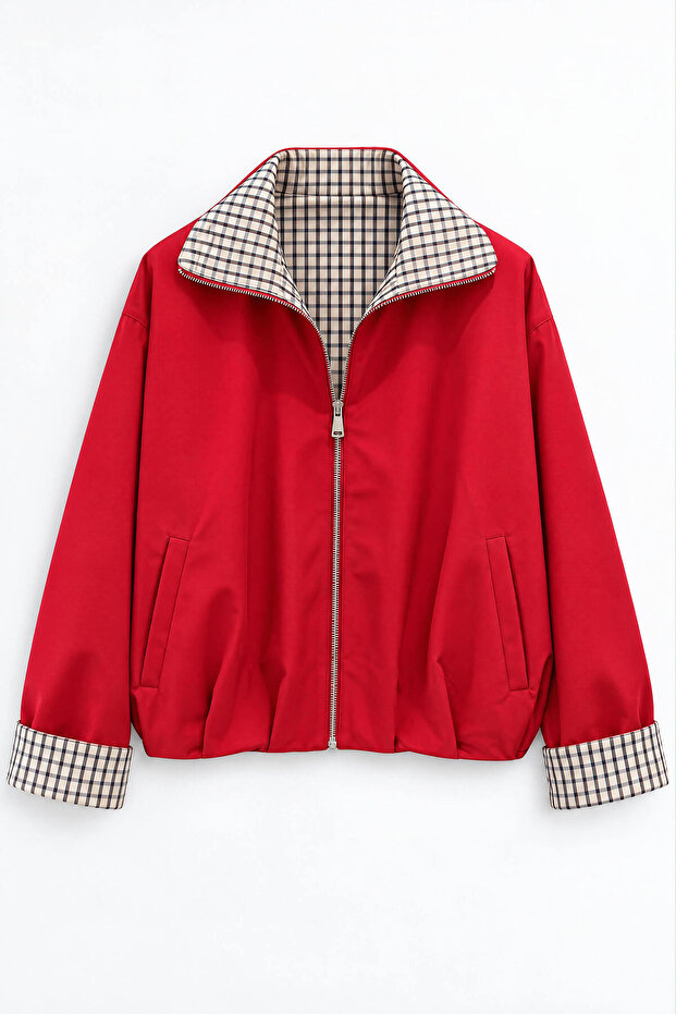 Red Brown Plaid Oversized Bomber Trench Coat
