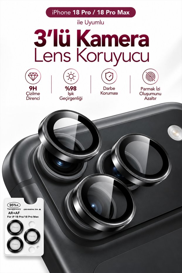 iPhone 18 Pro / 18 Pro Max Compatible Triple Camera Lens Protector in Burgundy, Ar+Af, with Easy Installation Tool**