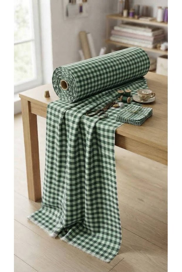 Etuval Cotton B. Plaid Fabric 1St Quality, Tablecloth Pajamas Nightgown Blouse Shirt Material - Green, 100X180