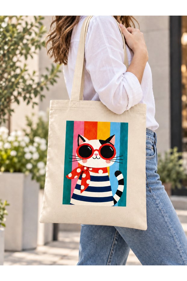Colorful, Cat with Glasses Printed, Gift Bag, Raw Cloth Bag, Sublimation Printing, Shoulder Bag, Shopping Bag