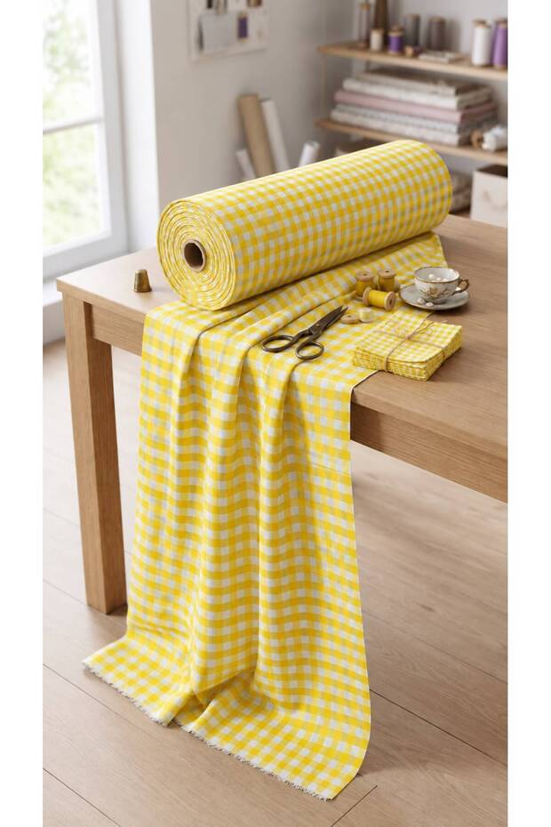 Etuval Cotton B. Plaid Fabric 1St Quality, Tablecloth, Pajamas, Nightgown, Blouse, Shirt Material - Yellow, 100X180