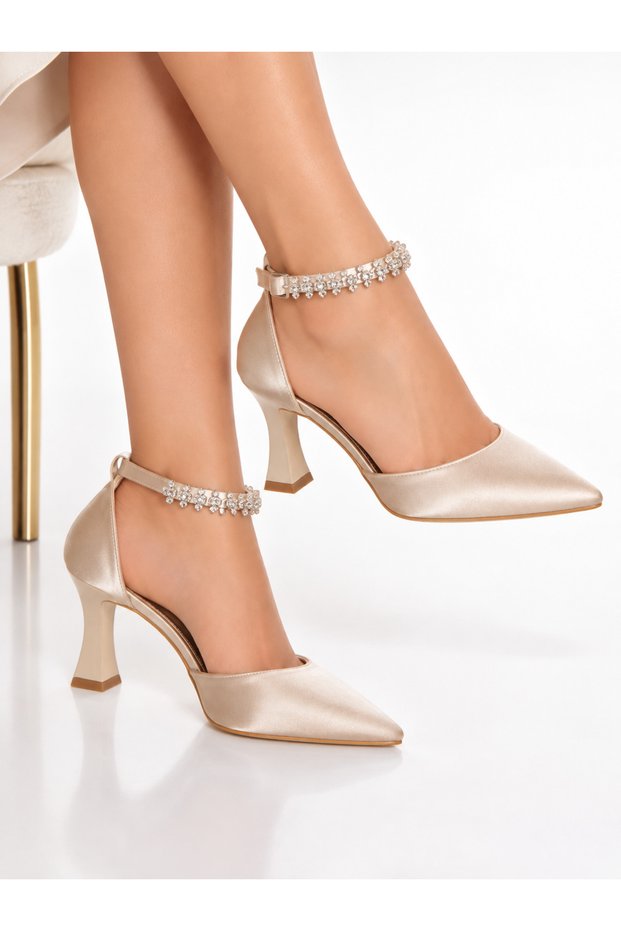 Women's Ankle Motif Stone-Embellished Satin Material Stylish and Comfortable Heeled Shoes