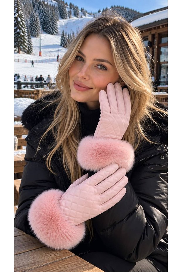 Powdered Ankle Fur Quilted Detailed Faux Leather Women's Gloves