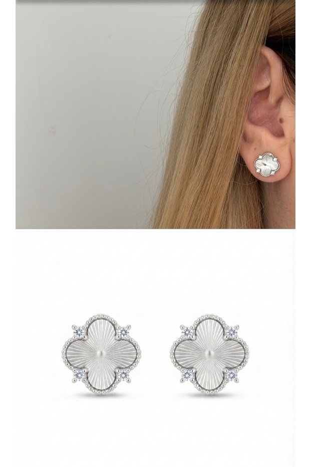 Silver Color Small Stone Clover Earrings