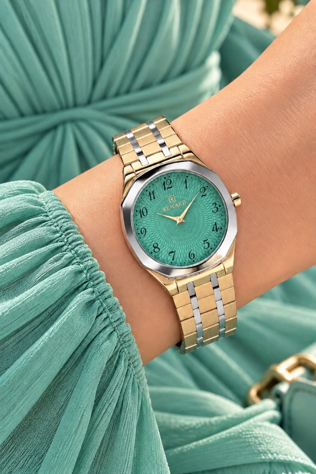 Numerical Green Dial-Yellow Steel Strap-In Stylish Box-Women's Wristwatch