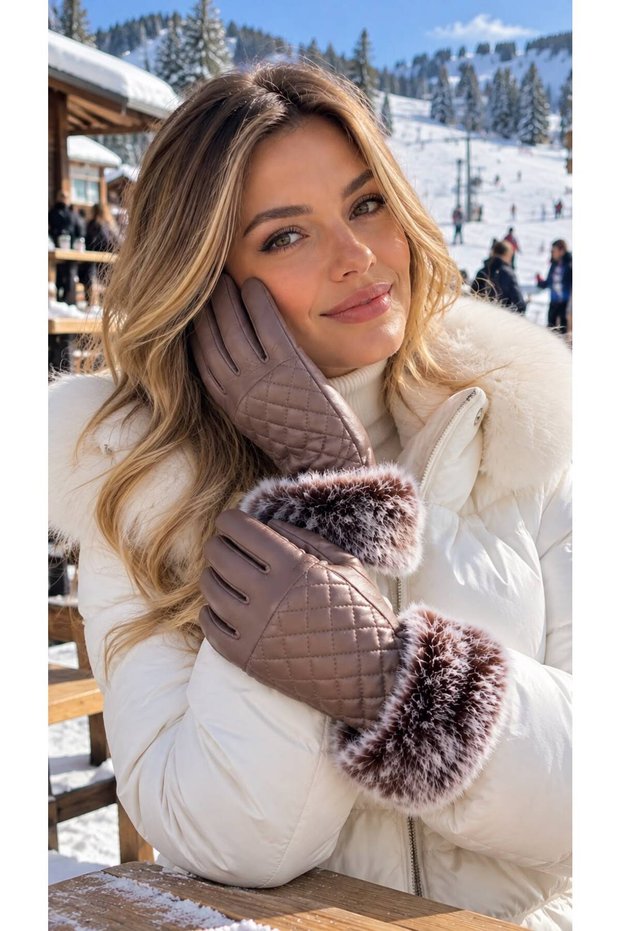 Brown Ankle Fur Detailed Quilted Faux Leather Women's Gloves