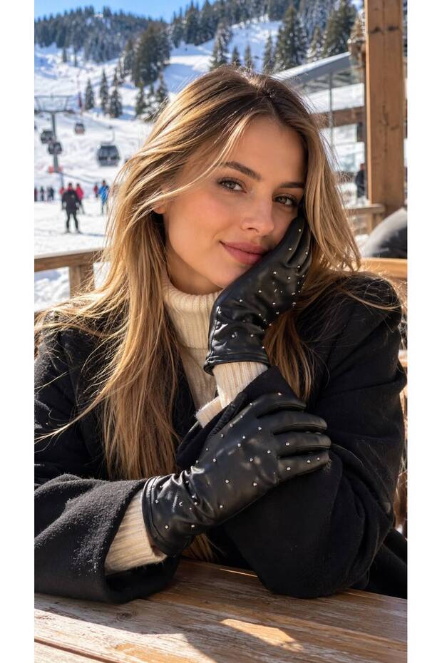 Black Metal Stone Detailed Faux Leather Women's Gloves