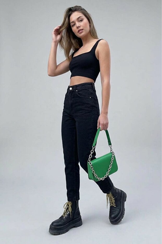 Asel Women's Black High Waist Mom Jean Jeans Lycra Boyfriend Premium Denim