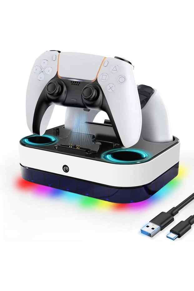 محطة شحن لوحدة تحكم PS5، قاعدة شحن سريعة مع كابل، شحن مزدوج لوحدات التحكم لجهاز PS5 (أبيض)