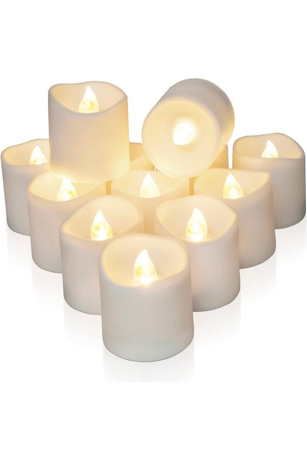 12 Pack Flameless LED Votive Candles with Timer, Battery Operated Tea Lights with 6 Hours On and 18 Hours Off Cycle, Warm White Candles for Wedding, Table Decorations and Home Decor