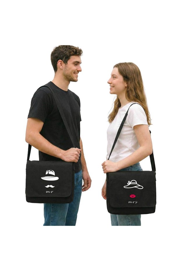 Mr. and Mrs. Hat Dear Couple Messenger Bag Canvas Black Canvas Messenger Bag