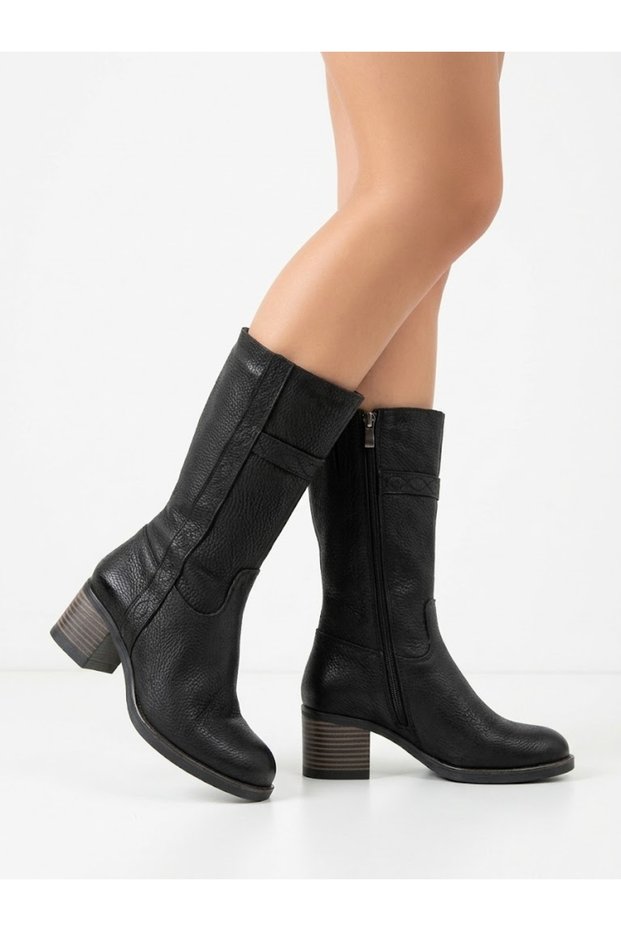 Women's Black Genuine Nubuck Leather Thick Heeled Zippered Boots