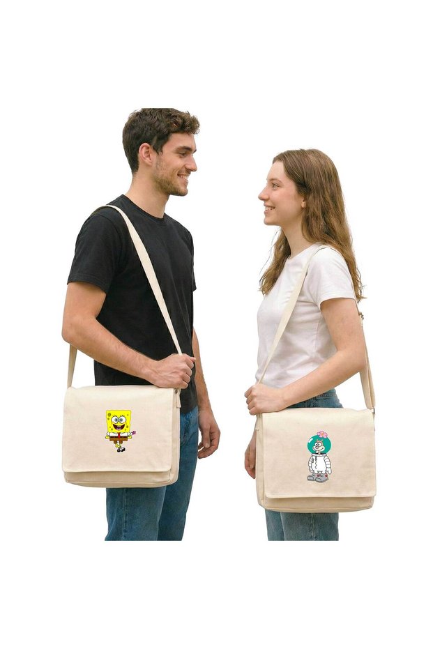 Spongebob and Sandy Cheeks Lovers Couple Messenger Bag Canvas Cream Canvas Messenger Bag