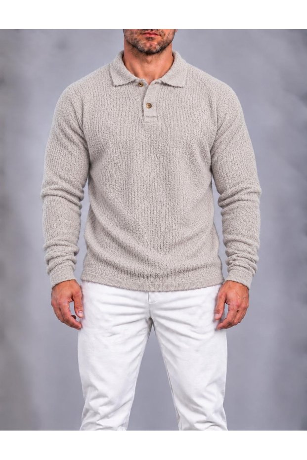 Men's Collared Buttoned Knitwear Sweater Black/Beige/Brown/Stone