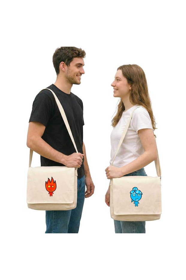 Fire and Water Lover Couple Messenger Bag Canvas Cream Canvas Messenger Bag
