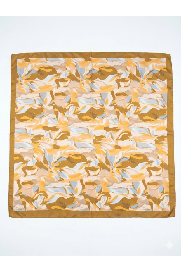 90X90 Mustard Yellow Patterned Satin Scarf – Cream & Baby Blue