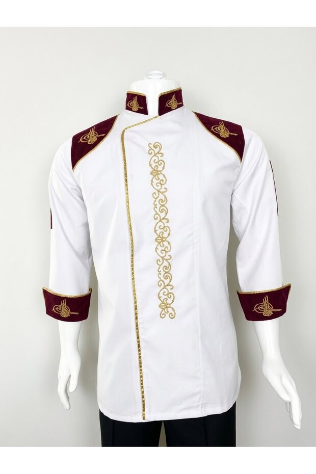 Chef's Jacket, White Color, Motif and Tuğra Embroidery, 2 Sleeves, Pen Pockets on the Sleeves, Tulip Flag Embroidery