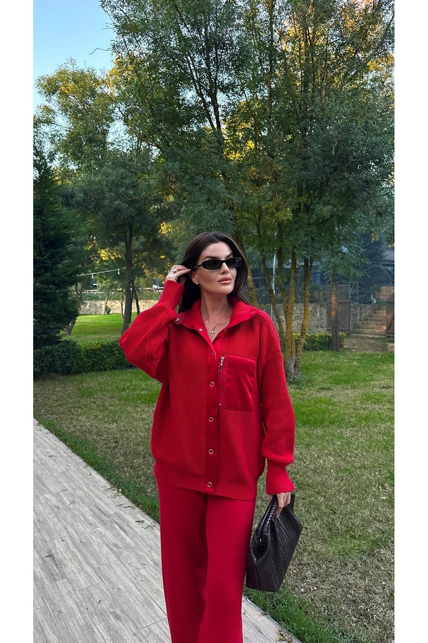Snap Fastener Parachute Detailed Cardigan-Pants Bottom-Top Knitwear Set