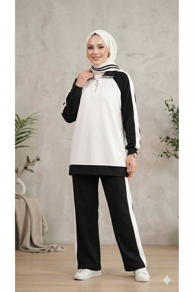 Women's Hijab Tracksuit Set with Zipper Collar and Stripe Detail, Black and White Sports Set