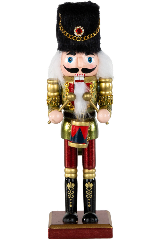 Christmas Ornament Lead Soldier Nutcracker Playing Snare Drum Claret Red-Green 25 Cm.