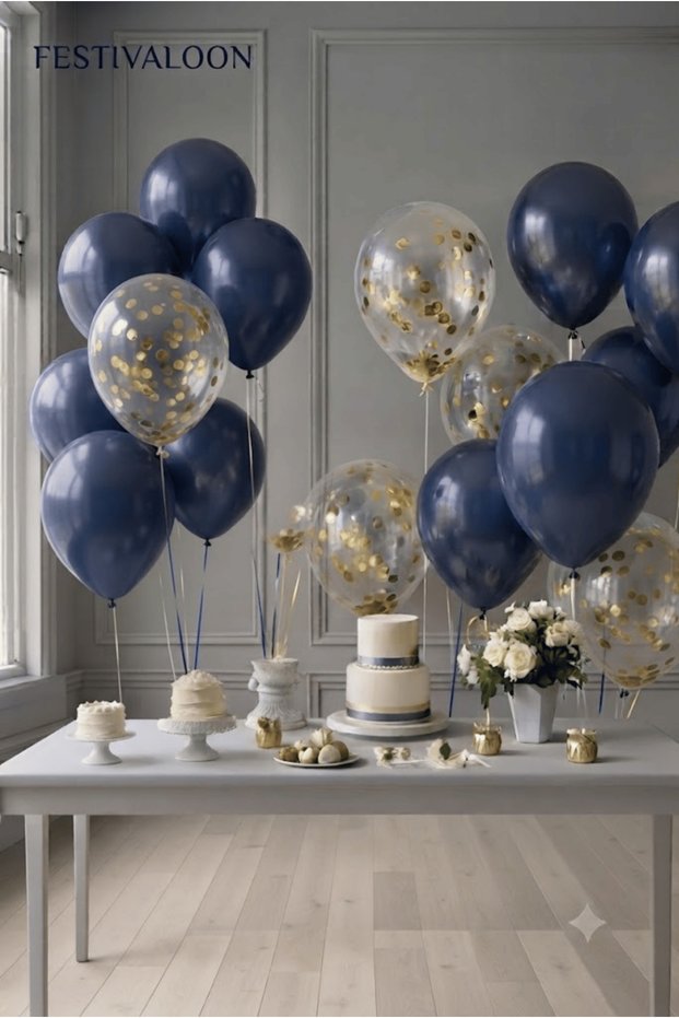 Set of 20 Navy Blue Transparent Balloons with Gold Confetti for Birthday, Engagement, Promise Party Decoration and Organization