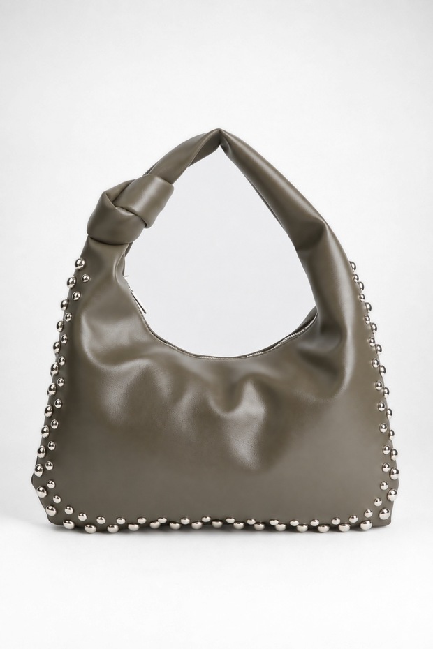 Women's Acacia Khaki Faux Leather Studded Knot Detailed Handle Medium Size Zipper Closure Hand and Shoulder Bag