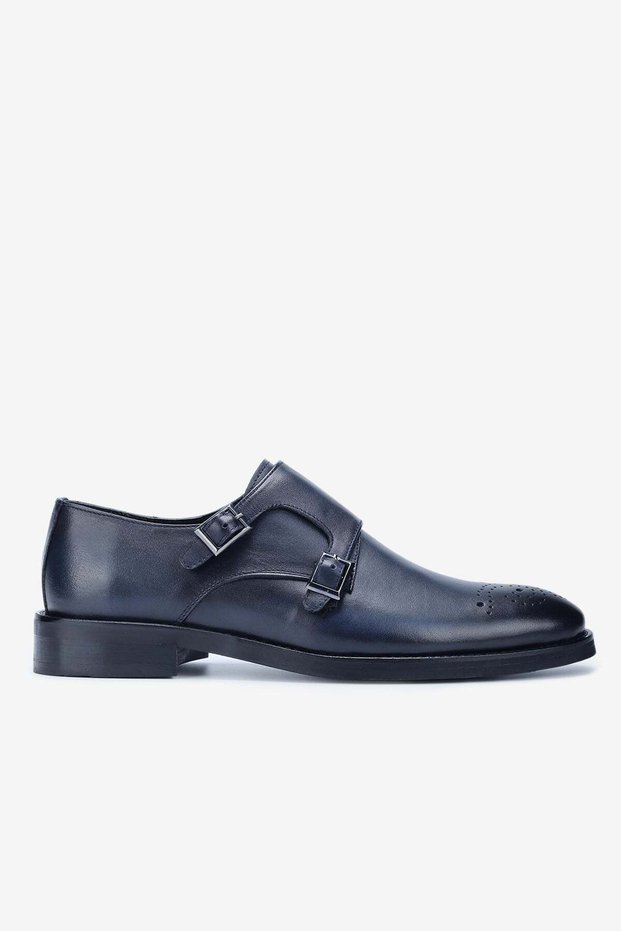 Men's Leather Double Buckle Classic Shoes – Navy Blue