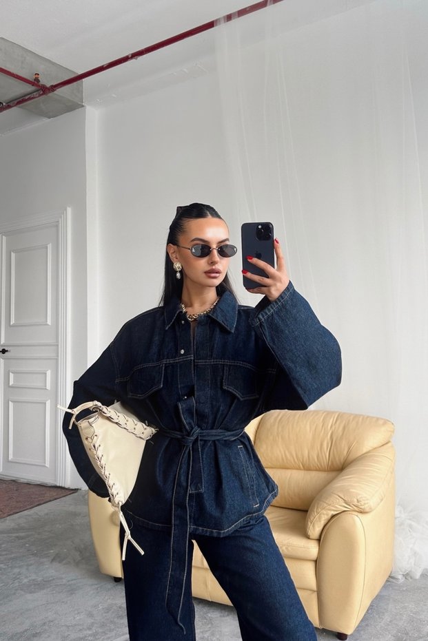 New Season Women's Dark Navy Blue Tie-Dye Denim Suit Oversize Jacket and High-Waisted Trousers