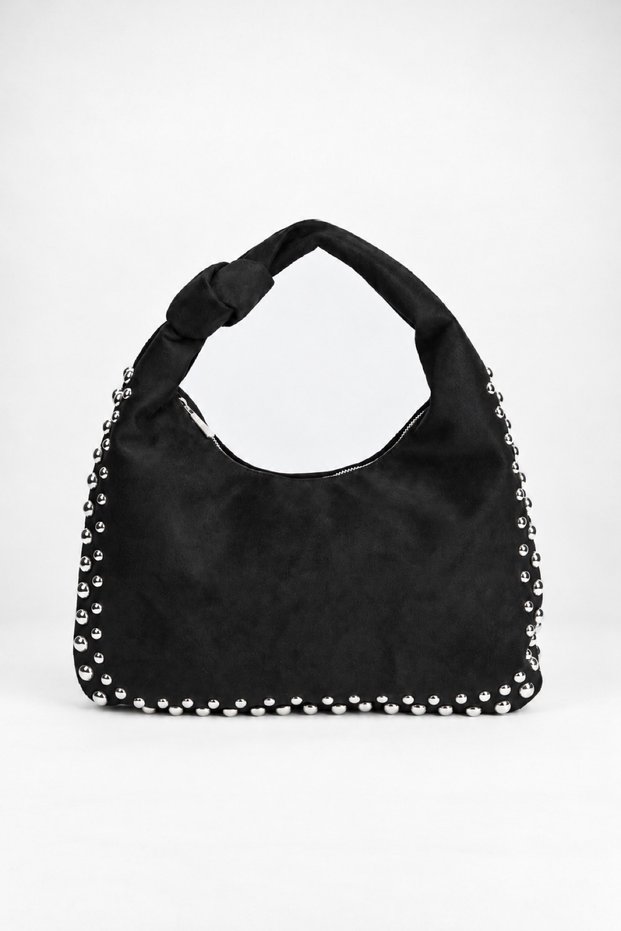 Women's Acacia Black Suede Studded Knot Detailed Handle Medium Size Zipper Closure Hand and Shoulder Bag