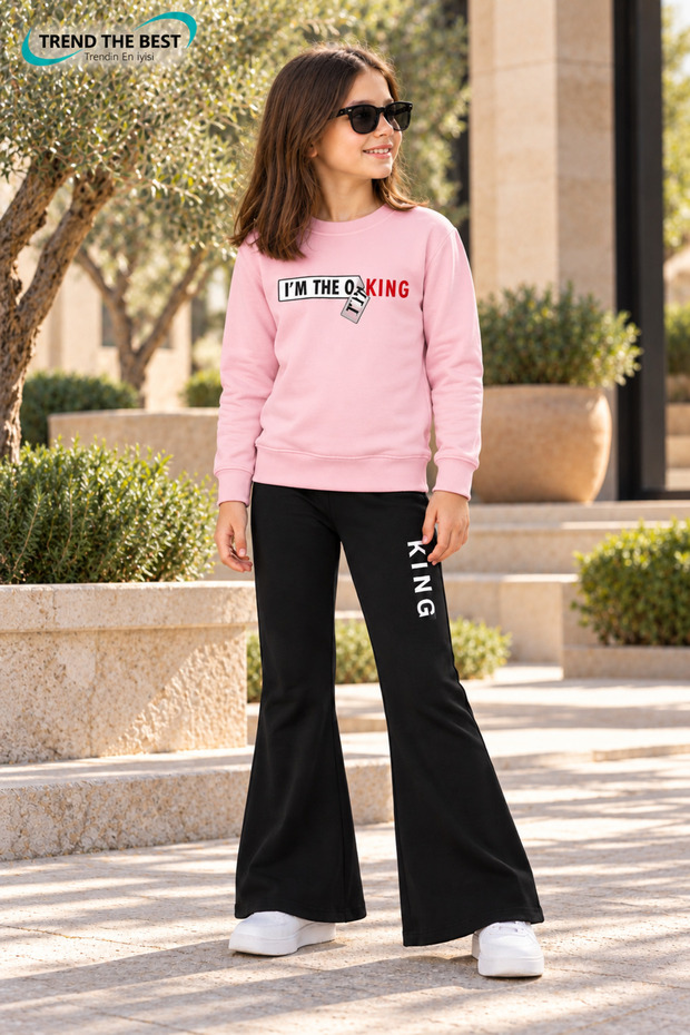 Winter, Spring, and Autumn Girls' Black Spanish Flared Bottoms and Pink Sweat Top