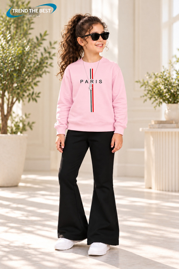Winter, Spring, and Autumn Girls' Black Spanish Flared Bottoms and Pink Sweat Top