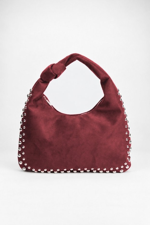 Women's Acacia Burgundy Suede Studded Knot Detailed Handle Medium Size Zipper Closure Hand and Shoulder Bag