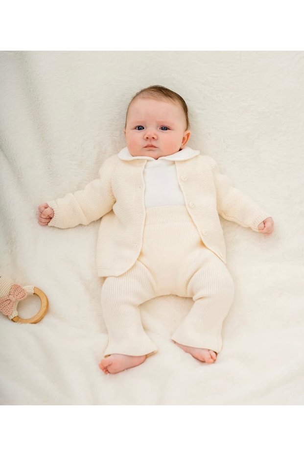 Ruffled Knitwear Cardigan with Bow on the Back, Baby Collar Bodysuit and Leggings 3-Piece Baby Girl Set