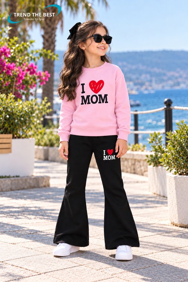 Winter, Spring, and Autumn Girls' Black Spanish Flared Bottoms and Pink Sweat Top