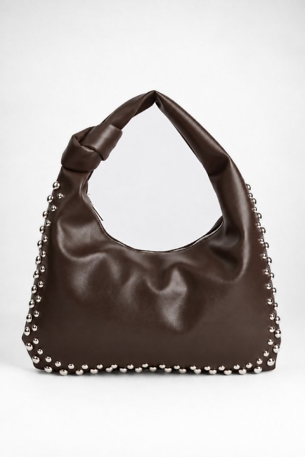 Women's Acacia Bitter Brown Faux Leather Studded Knot Detailed Handle Medium Size Zipper Closure Hand and Shoulder Bag