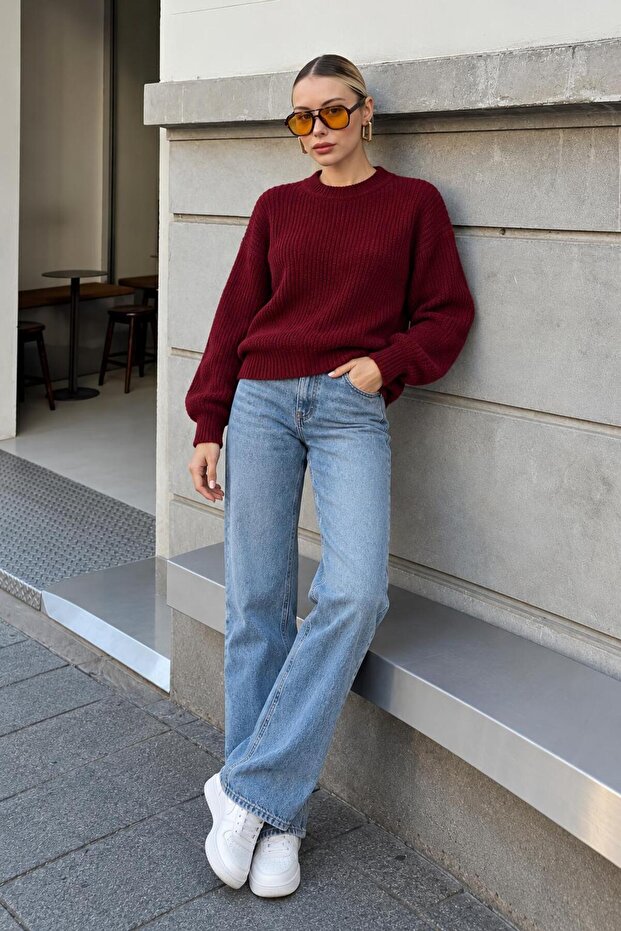 Women's Claret Red Crew Neck Knitwear Sweater