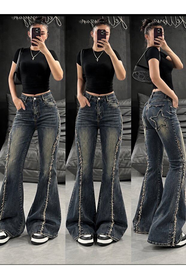 Y2K Grunge Style Star Pocket Washed Flare Denim Pants