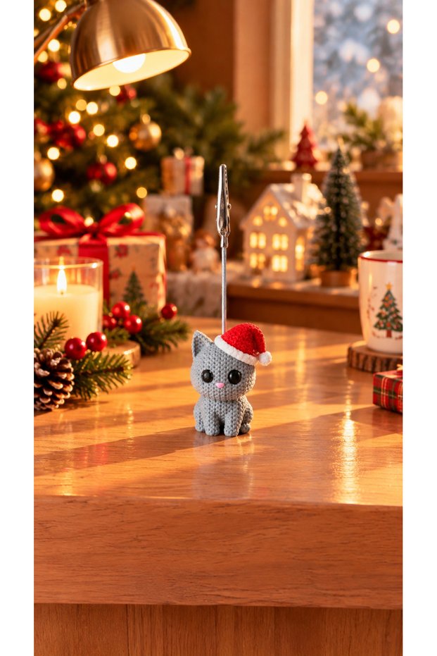 Cute Knitted Gray Cat with Christmas Hat Photo and Note Holder Gift
