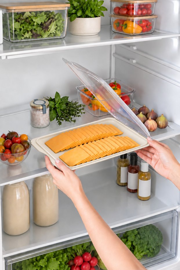 Food Storage Container & Shallow Deli Storage Container with Transparent Lid, Refrigerator Breakfast Cheese Salami Container, 35 X 250 X 170 mm (Bpa Free)