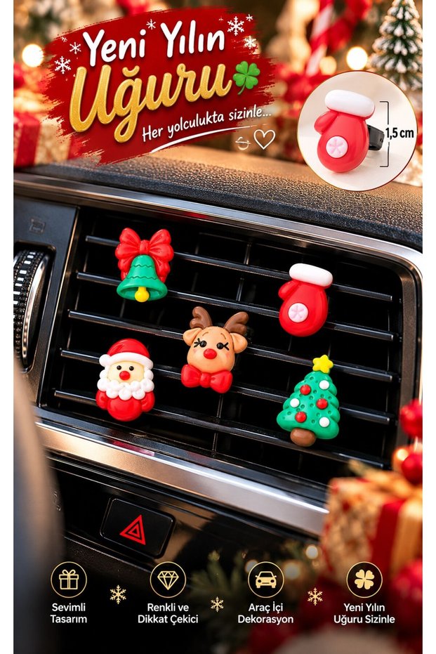 5-Piece Christmas Themed Epoxy Car Air Conditioner Ornament Santa Claus Deer Pine Tree Bell Gloves Auto Accessory