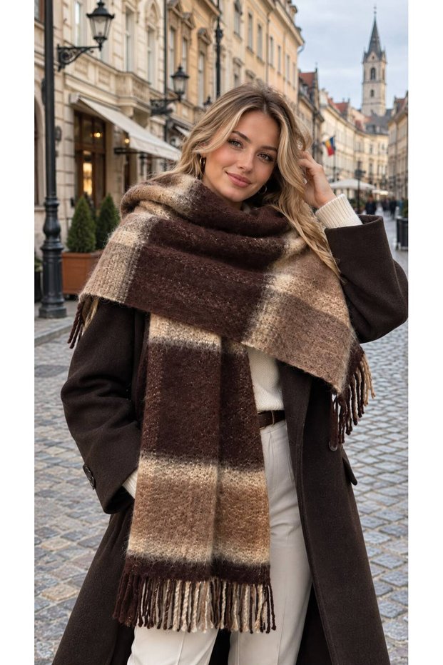 Coffee Plaid Patterned Soft Textured Tassel Women's Scarf Shawl