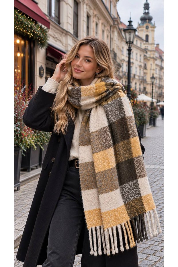Yellow Square Patterned Soft Textured Tassel Women's Scarf Shawl